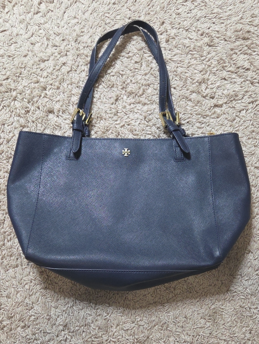 Tory Burch Navy Leather Saffiano Tote with Gold Logo